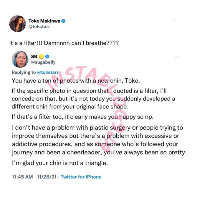 It's A Filter - Toke Makinwa Responds To Comments About Her Face 3
