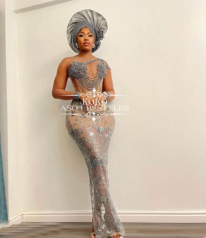 Look Every Inch Stunning In One Of These Silver Colour Aso Ebi styles For 2021 1 Silver colour Aso Ebi styles