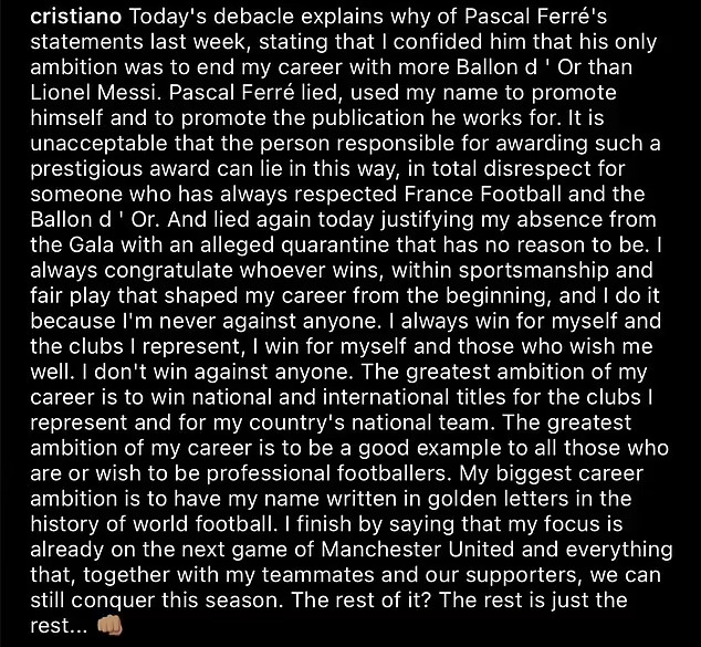 'I Win For Myself And My Teams, I'm Never Against Anyone' - Cristiano Ronaldo Blasts Ballon d'Or Chief's 'Lies' As Lionel Messi Pips Robert Lewandowski To Win Seventh Ballon d'Or Award 6