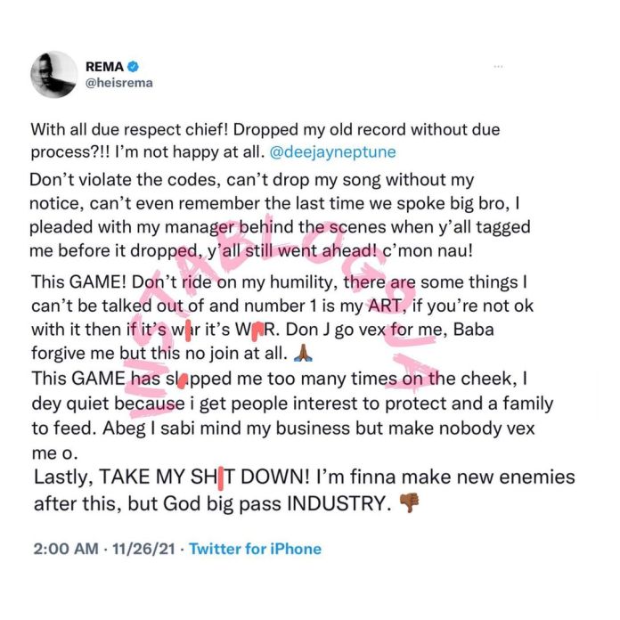 Rema Calls Out DJ Neptune Over His Intellectual Property 2