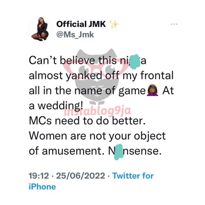 BBNaija JMK Rants After An MC Almost Yanked Off Her Wig At A wedding 6